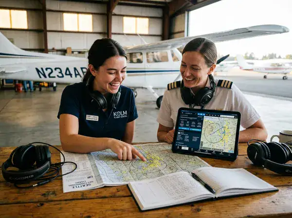 Flight instructor briefing a student pilot before a lesson