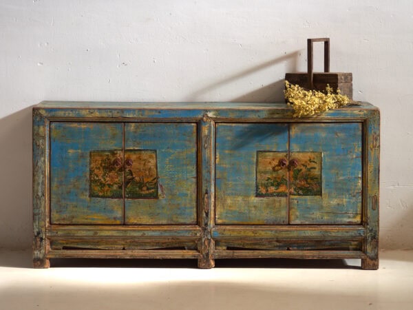 Aparador de entrada antiguo de madera de tonos azules y amarillos (c.1920)