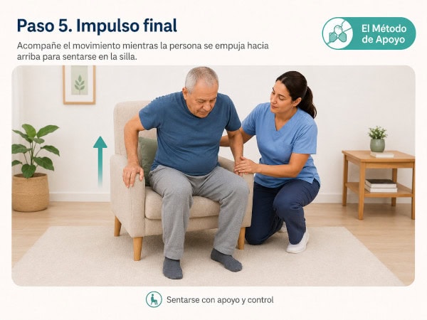 levantar persona mayor del suelo paso 5: impulso final para sentarse