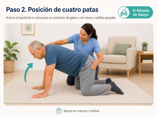 levantar persona mayor del suelo paso 2: pon a 4 patas
