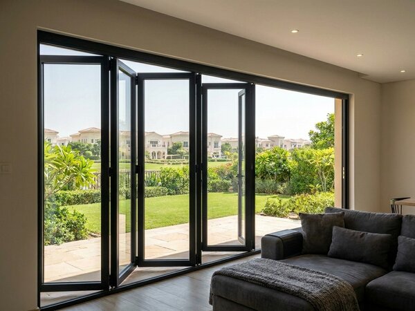 Aluminium folding doors opened onto the garden of an Emirates Hills villa