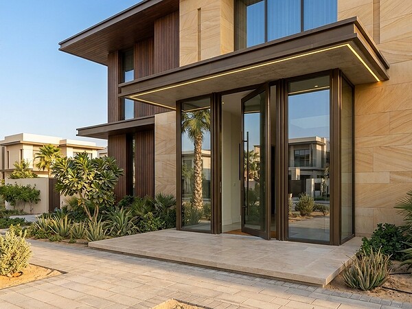 Aluminium pivot glass door at a modern Dubai villa entrance, slim bronze frame with timber canopy