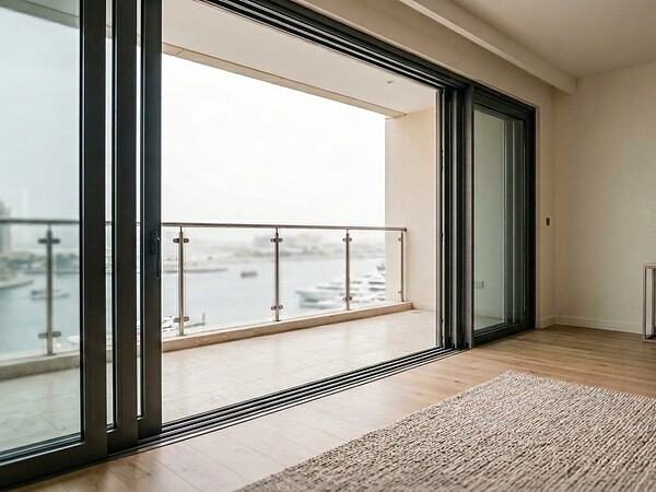 Slim sliding glass system opening a Dubai Marina living room onto the balcony