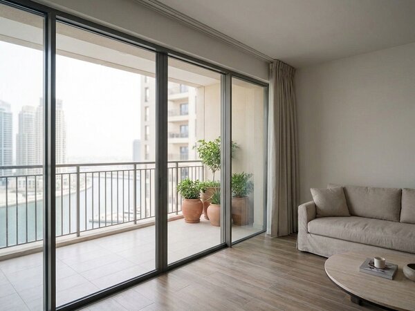 Slim sliding glass wall in a Dubai Marina apartment overlooking the water