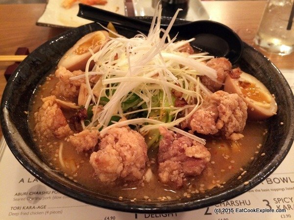 Muga Miso ramen with spciy vegetables and kara age