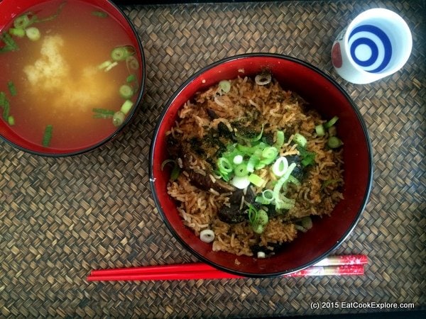 chicken and shitake mushroom one pot rice  with miso soup and sake