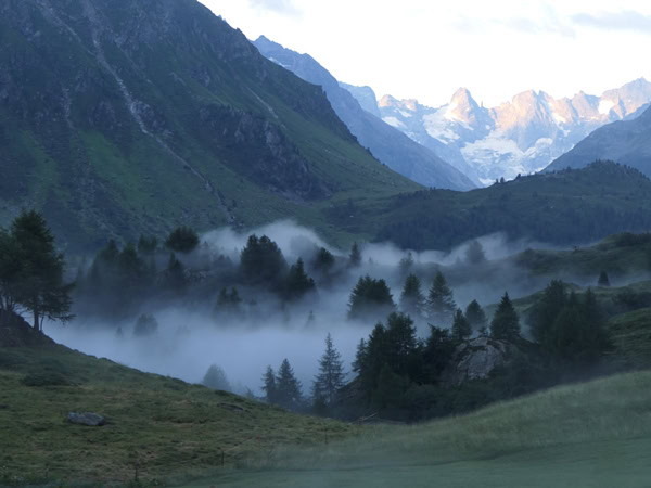 Nebel in Berglandschaft.