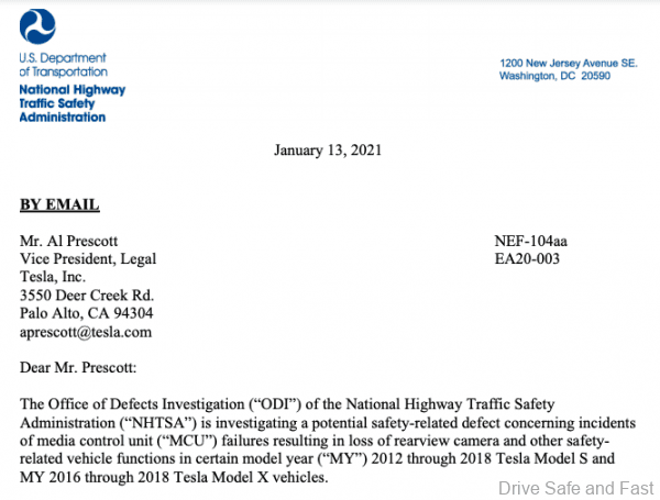 NHTSA Recall letter to Tesla