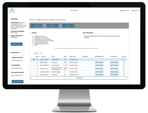 eLogs Signature Screen Shot Remote Monitoring with Florence eBinders for eRegulatory, eSource, and eISF