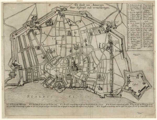 Museumkwaliteit reproductie van de oude kaart Antwerpen 1600 met de stadsuitbreidingen tot 1567.
