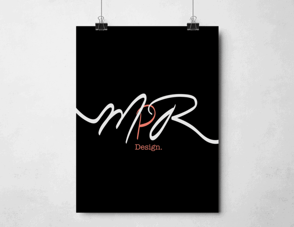 MPR Design logo on a black poster. White and coral stylized text.