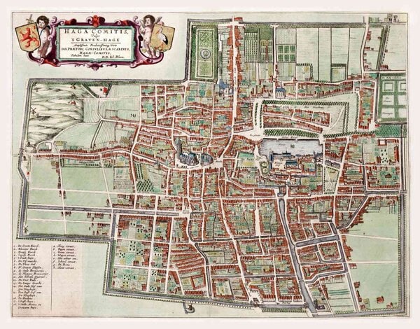 Museumkwaliteit reproductie van de oude stadsplattegrond van Den Haag uit 1649 door Joan Blaeu