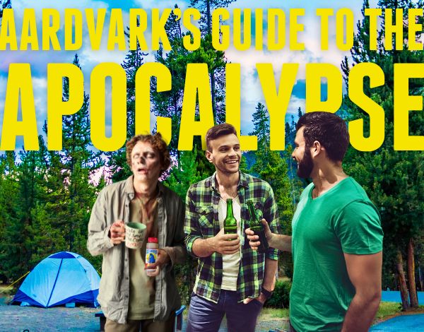 Two campers chat happily at a campsite next to a Zombie holding Secret Aardvark Hot Sauce.