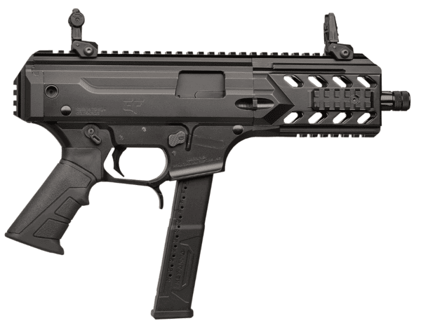 Black tactical pistol with Picatinny rail, folding sights, and a curved magazine inserted.