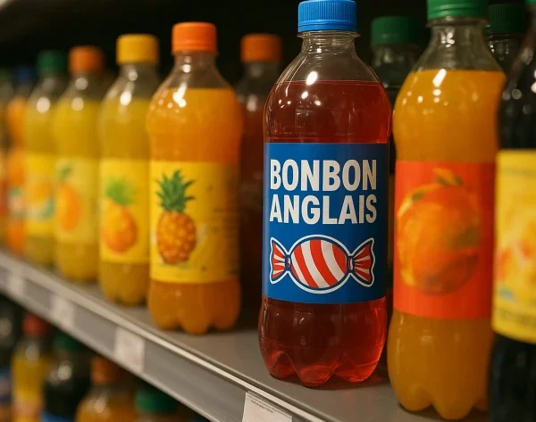 Rayon de supermarché français avec boisson exotique type Bonbon Anglais mise en avant au centre.