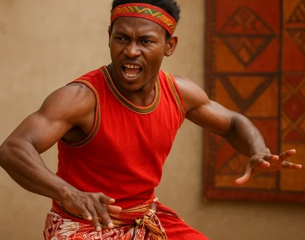 Danseur malgache en performance culturelle, capturant un mouvement énergique avec une tenue traditionnelle rouge.