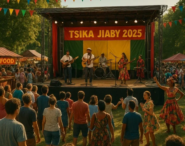 Scène du festival Tsika Jiaby 2025 avec concert malgache, danseurs traditionnels et ambiance culturelle en plein air.
