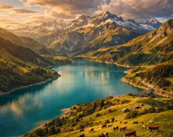 Panorama du massif du Beaufortain avec le lac de Roselend et les alpages en été.