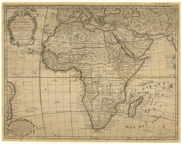 Museumkwaliteit reproductie van de oude kaart Afrika 1722 van Guillaume Delisle, gemaakt voor het gebruik van de Franse koning.