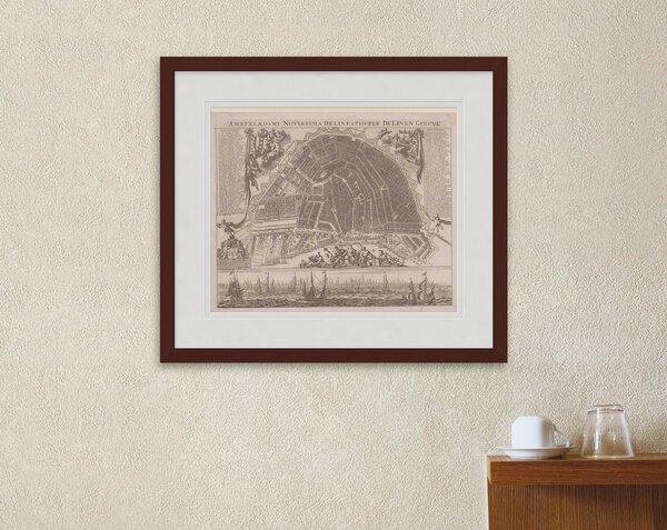 Oude kaart Amsterdam 1784 Greeve ingelijst in zwarte lijst met passe-partout aan de muur