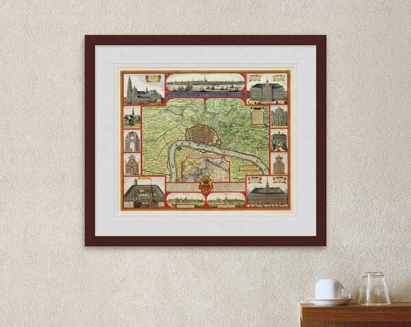 Oude kaart Antwerpen Marchionatus Sacri Romani Imp. 1624 Visscher ingelijst in wortelnoot lijst met passe-partout aan de muur