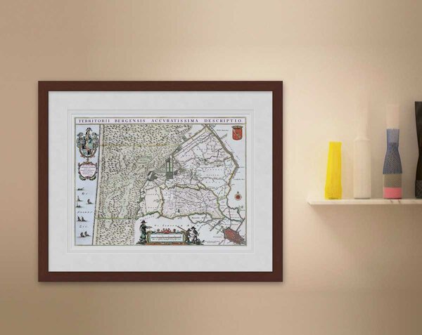 Oude kaart Bergen - Alkmaar Noord Holland 1664 Blaeu ingelijst in mahonie lijst met passe-partout aan de muur