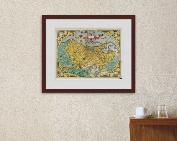 Oude kaart Germania Inferior 1573 Ortelius ingelijst in wortelnoot lijst met passe-partout aan de muur