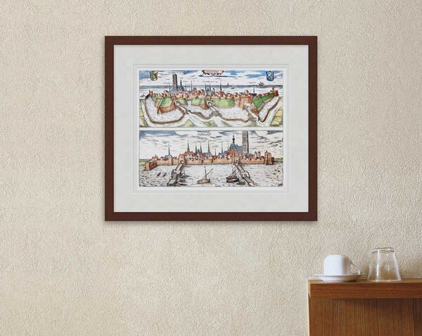 Oude kaart Gezicht op Harderwijk 1657 Janssonius ingelijst in mahonie lijst met passe-partout aan de muur