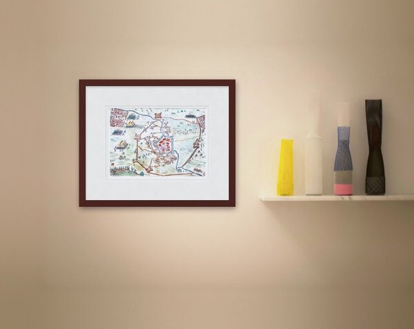 Oude kaart Groenlo 1615 Orlers ingelijst in wortelnoot lijst met passe-partout aan de muur