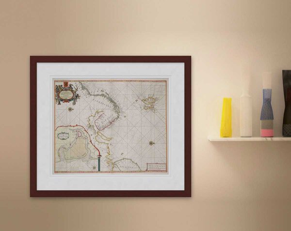 Oude kaart IJszee met Lapland, Nova Zembla en Spitsbergen 1676 Goos ingelijst in wortelnoot lijst met passe-partout aan de muur