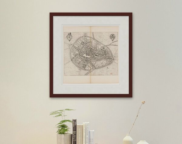 Oude kaart Lier 1652 Blaeu ingelijst in wortelnoot lijst met passe-partout aan de muur