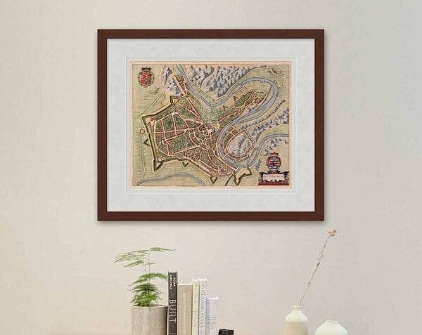 Oude kaart Luxemburg stad 1649 Blaeu ingelijst in mahonie lijst met passe-partout aan de muur