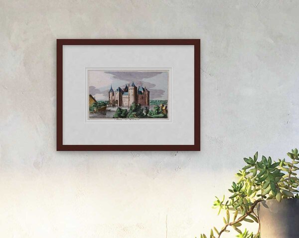 Oude kaart Muiderslot 1649 Blaeu ingelijst in wortelnoot lijst met passe-partout aan de muur