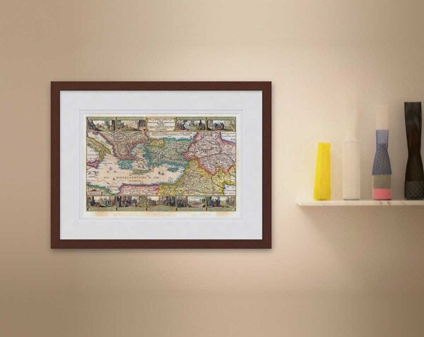 Oude kaart Reisgebied apostel Paulus in Middellandse Zee gebied 1642 Visscher ingelijst in mahonie lijst met passe-partout aan de muur