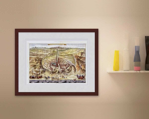 Oude kaart Scheveningen 1729 Boitet ingelijst in wortelnoot lijst met passe-partout aan de muur