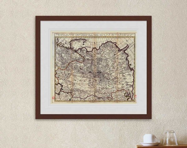 Oude kaart Siberië Tartaria 1687 Witsen ingelijst in mahonie lijst met passe-partout aan de muur