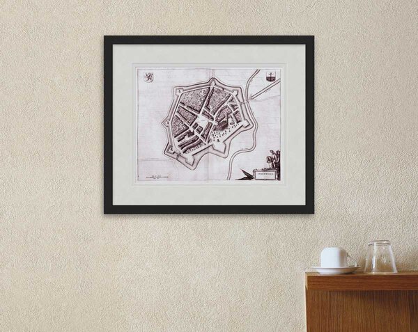 Oude kaart Steenwijk 1649 Blaeu ingelijst in zwarte lijst met passe-partout aan de muur