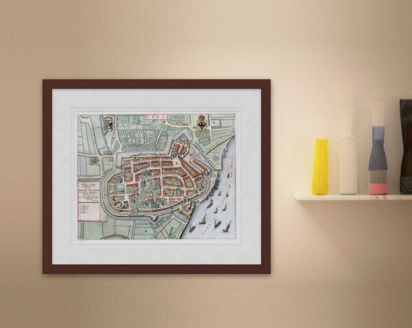 Oude kaart Tiel 1649 Blaeu ingelijst in mahonie lijst met passe-partout aan de muur