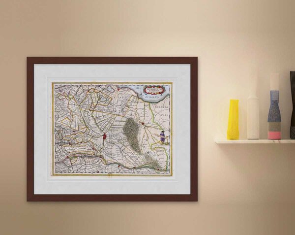 Oude kaart Utrecht Provincie 1645 Willem Blaeu ingelijst in mahonie lijst met passe-partout aan de muur