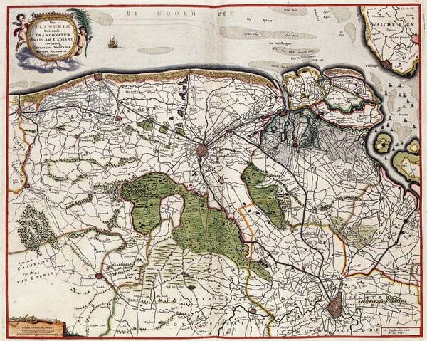 Museumkwaliteit reproductie van de oude kaart Vlaanderen 1688 met Gent, Brugge, Oostende en Sluis, door Frederik de Wit.