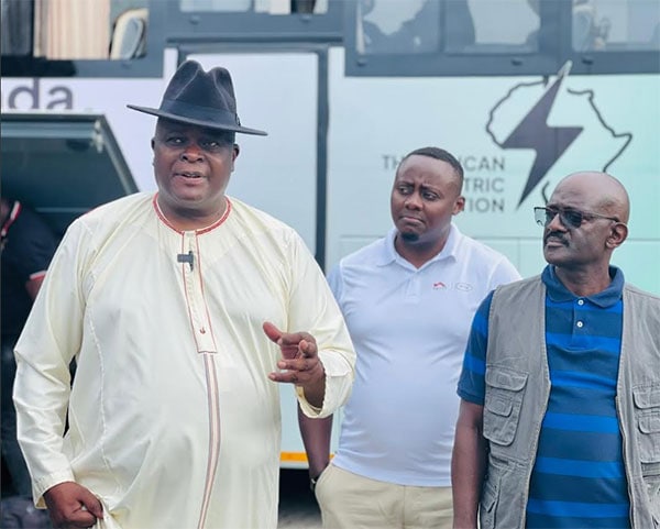 Uganda's Kayoola electric bus reaches Botswana, welcomed by ambassadors Kintu Nyago and Amoru Nyago-bus