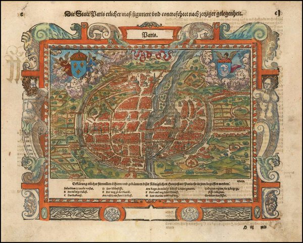Museumkwaliteit reproductie van de oude kaart Parijs 1570 uit de Cosmographia van Sebastian Münster.