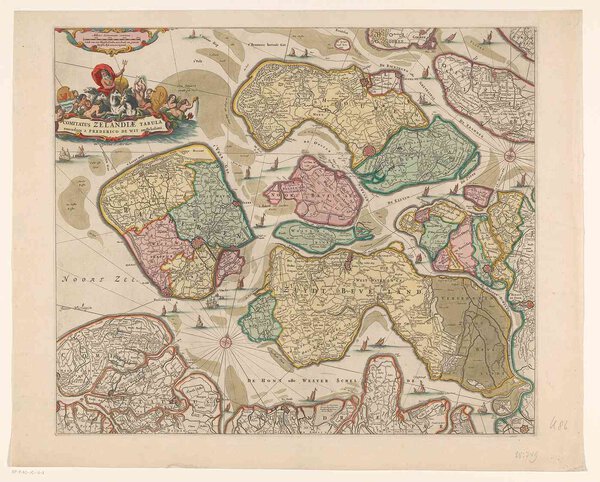 Museumkwaliteit reproductie van de oude kaart Zeeland 1670 met Neptunus en het wapen van Zeeland, uitgegeven door Pieter Mortier.