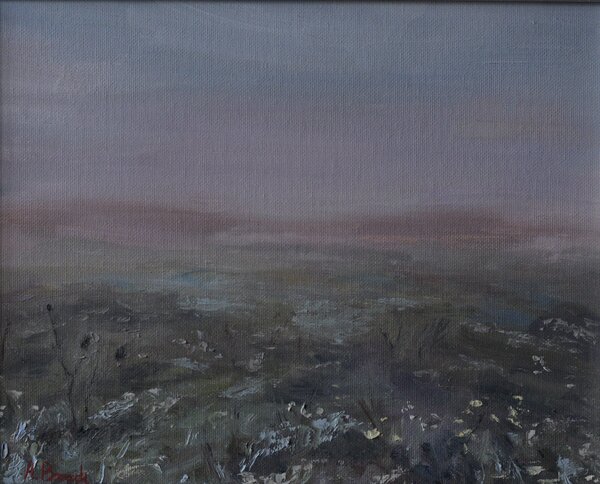 original oil painting showing morning mists on polish fields and meadows painted by Andrea Bocedi