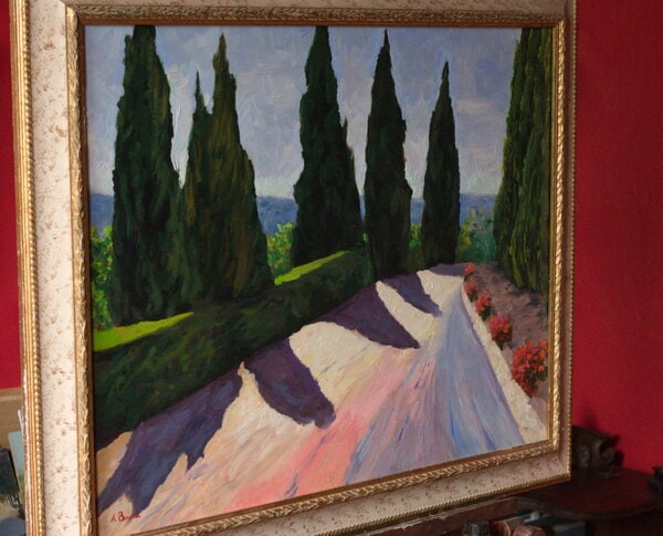 Original oil painting of a cypress tree alley near Pienza, Tuscany, Italy, bathed in warm afternoon light, by Andrea Bocedi.