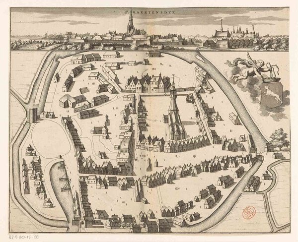 Museumkwaliteit reproductie van de oude kaart Sint-Maartensdijk 1696, het stadje op Tholen in vogelvlucht.