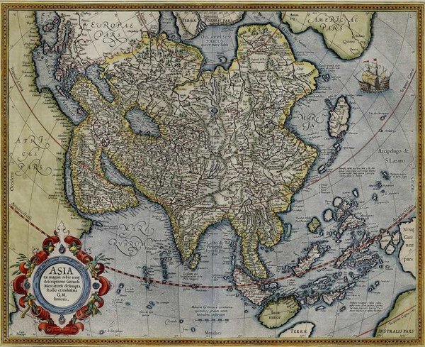 Museumkwaliteit reproductie van de oude kaart Azië 1609, het werelddeel uit de atlas van Gerardus Mercator.