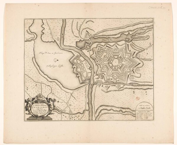 Museumkwaliteit reproductie van de oude kaart Charleroi 1698, de vestingplattegrond van Charleroi uitgegeven door Frederik de Wit.