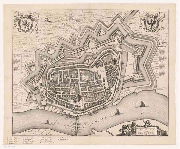 Museumkwaliteit reproductie van de oude kaart Deventer 1657, de vestingstad aan de IJssel in vogelvlucht, uitgegeven door Janssonius.