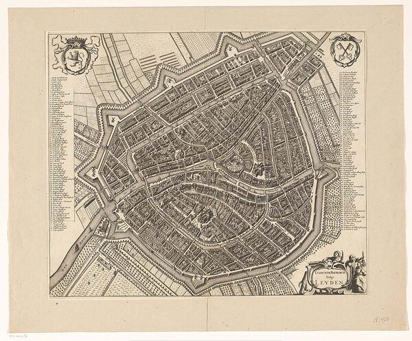 Museumkwaliteit reproductie van de oude kaart Leiden 1657, de plattegrond Lugdunum Batavorum vulgo Leyden.